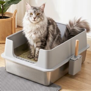 i.Pet XXL Cat Litter Box Stainless Steel Jumbo Semi-Enclosed Pet Kitty Toilet Grey